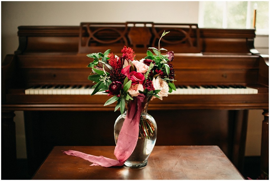 floral design King's Chapel wedding on piano bench