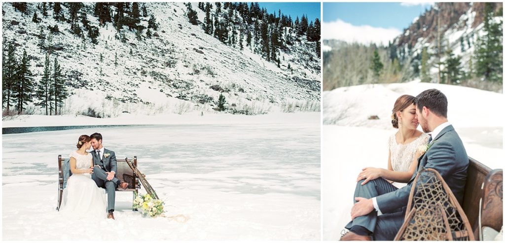 frozen lake winter wedding couple 