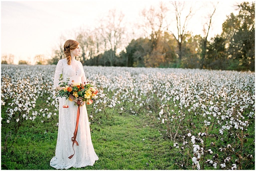 Sam Davis Home bride bouquet cotton field 